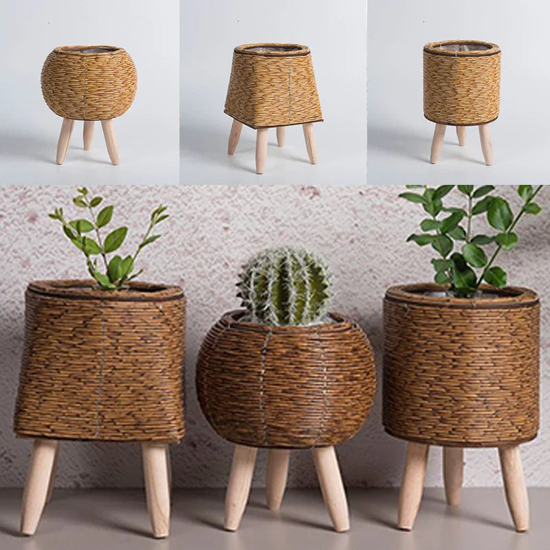 Suporte de Flores em Rattan – Design Nórdico Elegante para Jardim e Sala