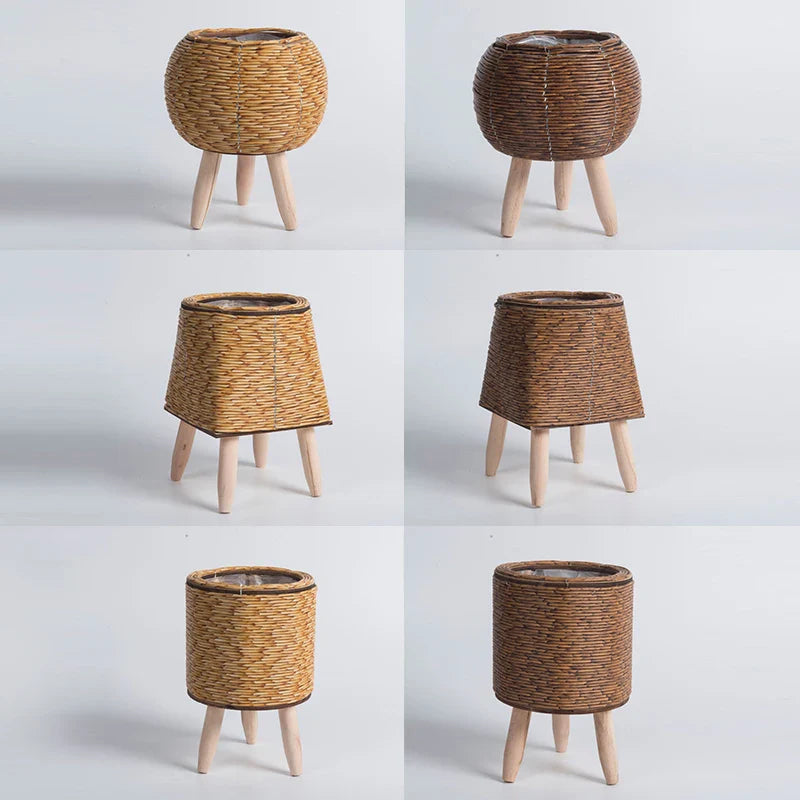 Suporte de Flores em Rattan – Design Nórdico Elegante para Jardim e Sala