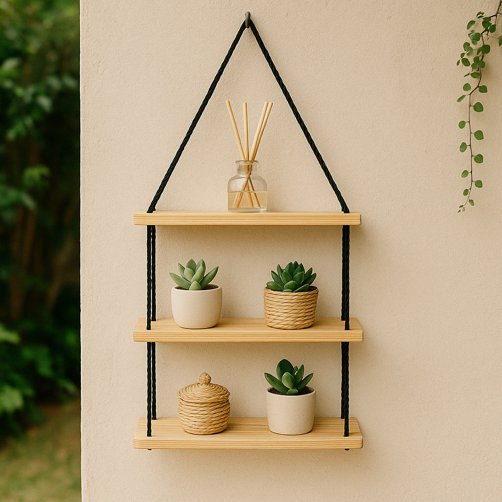 Prateleira Suspensa de Madeira com Corda Preta - Linha Fioralto