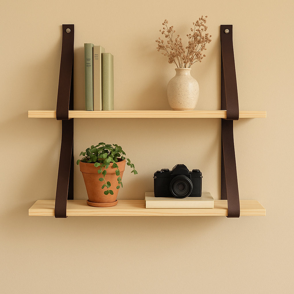 Kit com 2 Prateleiras Suspensas de Madeira e Alças de Couro - Linha Fioralto